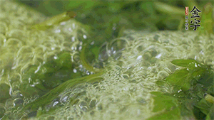 艾草葉放入煮沸的水中，加點食用堿，待變成深綠色時撈出，放入冰水中，瀝干備用。